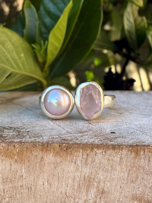 Raw Rose Quartz and Freshwater Pearl Ring - Open Band Ring (slightly adjustable) - Kathy Sayce Jewellery