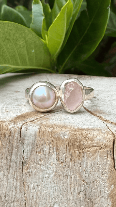 Raw Rose Quartz and Freshwater Pearl Ring - Open Band Ring (slightly adjustable) - Kathy Sayce Jewellery