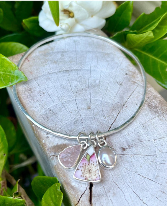 Raw Rose Quartz, Freshwater Pearl & Upcycled China Bangle – Sterling Silver Charm Bracelet - Kathy Sayce Jewellery