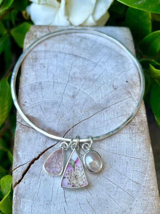 Raw Rose Quartz, Freshwater Pearl & Upcycled China Bangle – Sterling Silver Charm Bracelet - Kathy Sayce Jewellery