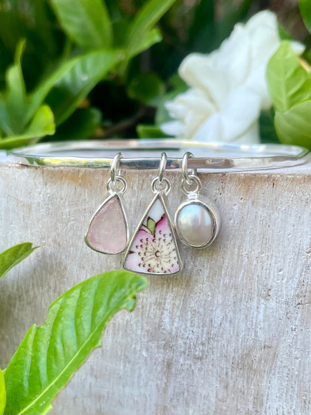 Raw Rose Quartz, Freshwater Pearl & Upcycled China Bangle – Sterling Silver Charm Bracelet - Kathy Sayce Jewellery