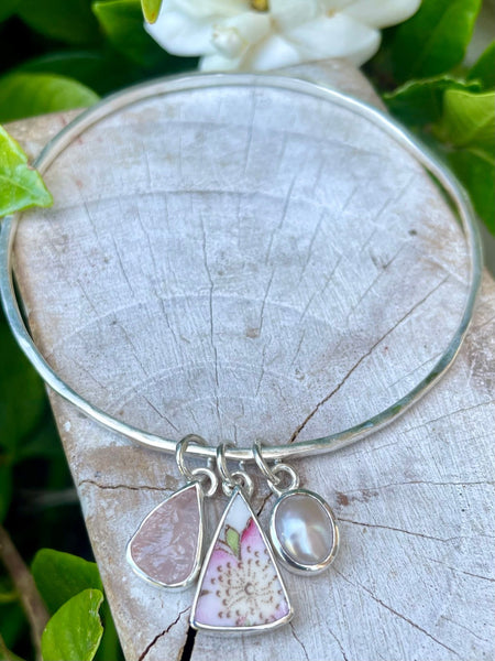 Raw Rose Quartz, Freshwater Pearl & Upcycled China Bangle – Sterling Silver Charm Bracelet - Kathy Sayce Jewellery