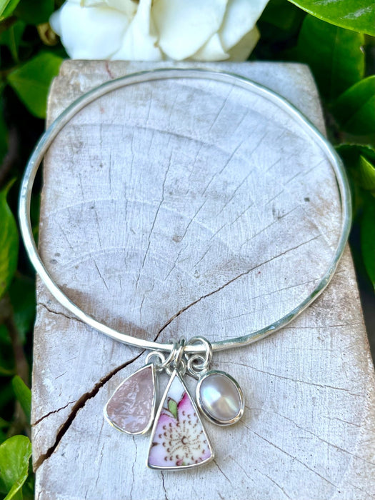 Raw Rose Quartz, Freshwater Pearl & Upcycled China Bangle – Sterling Silver Charm Bracelet - Kathy Sayce Jewellery
