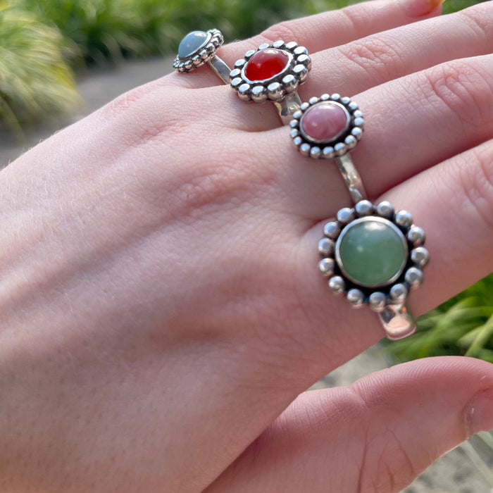 Rhodochrosite Flower Ring – Natural Pink Gemstone, Sterling Silver - Kathy Sayce Jewellery
