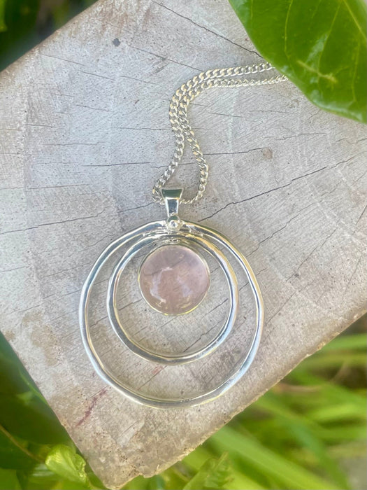 Rose Quartz Circle Necklace – Sterling Silver Circle Within a Circle Pendant - Kathy Sayce Jewellery