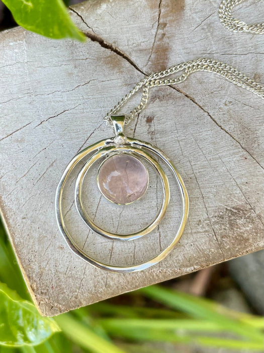 Rose Quartz Circle Necklace – Sterling Silver Circle Within a Circle Pendant - Kathy Sayce Jewellery