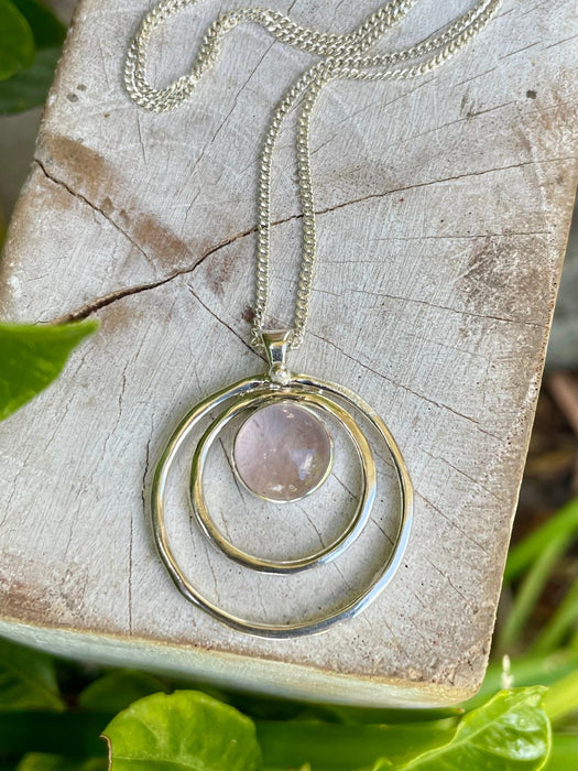 Rose Quartz Circle Necklace – Sterling Silver Circle Within a Circle Pendant - Kathy Sayce Jewellery