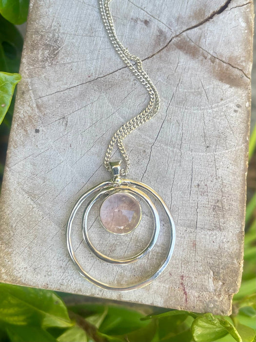 Rose Quartz Circle Necklace – Sterling Silver Circle Within a Circle Pendant - Kathy Sayce Jewellery