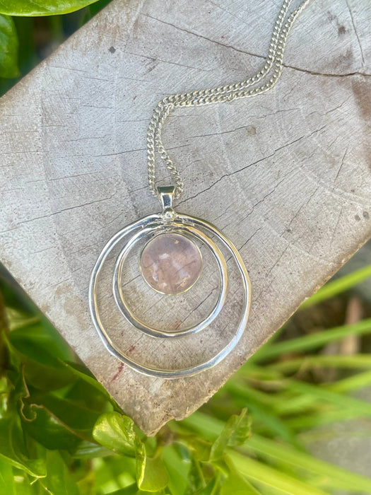 Rose Quartz Circle Necklace – Sterling Silver Circle Within a Circle Pendant - Kathy Sayce Jewellery