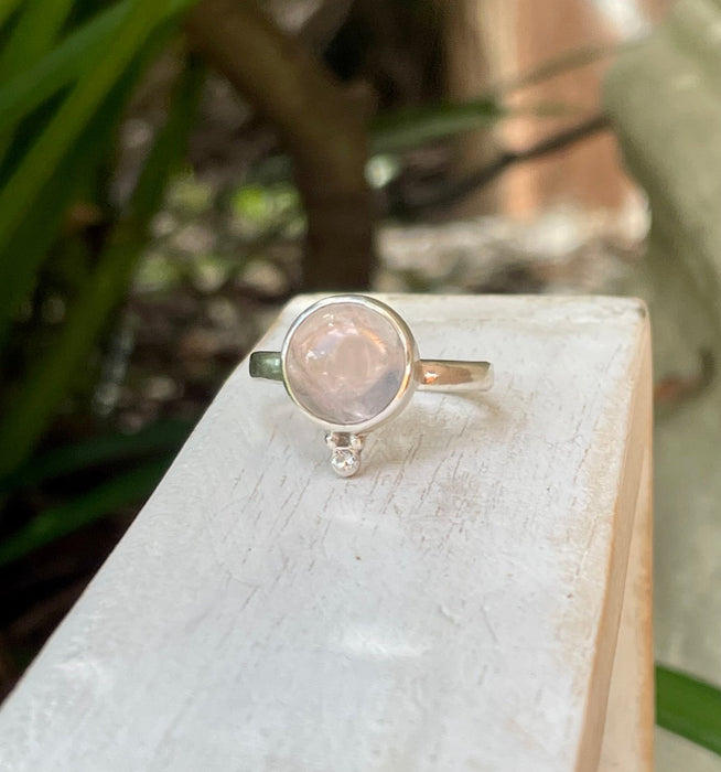 Rose Quartz Ring with Faceted White Topaz – Sterling Silver Gemstone Jewellery - Kathy Sayce Jewellery