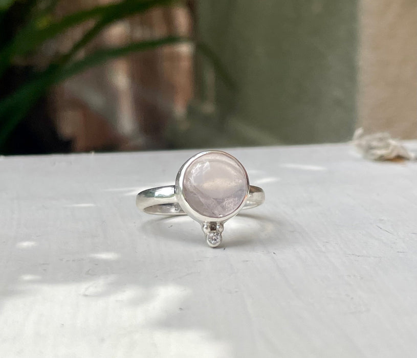 Rose Quartz Ring with Faceted White Topaz – Sterling Silver Gemstone Jewellery - Kathy Sayce Jewellery