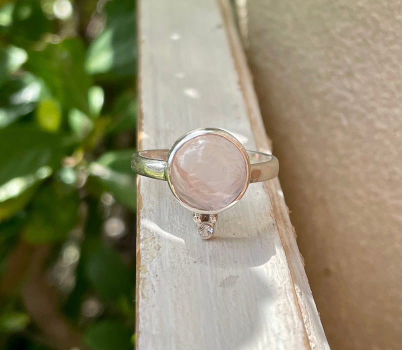 Rose Quartz Ring with Faceted White Topaz – Sterling Silver Gemstone Jewellery - Kathy Sayce Jewellery