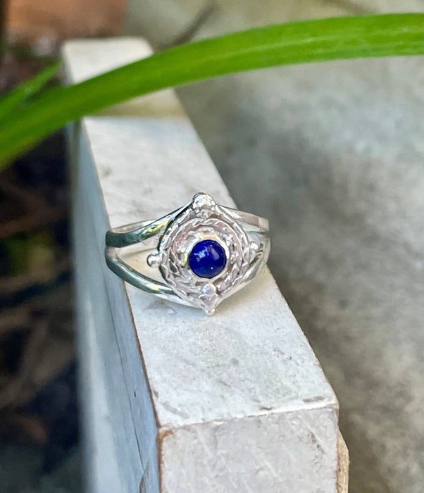 Round Lapis Lazuli Ring – Sterling Silver Split Band Gemstone Ring - Kathy Sayce Jewellery
