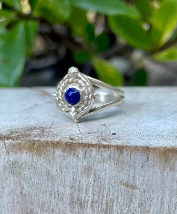 Round Lapis Lazuli Ring – Sterling Silver Split Band Gemstone Ring - Kathy Sayce Jewellery