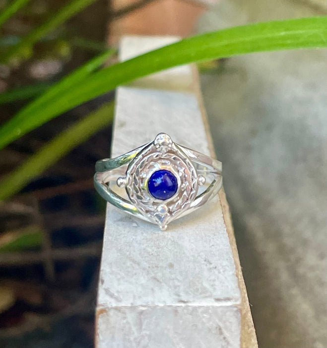 Round Lapis Lazuli Ring – Sterling Silver Split Band Gemstone Ring - Kathy Sayce Jewellery