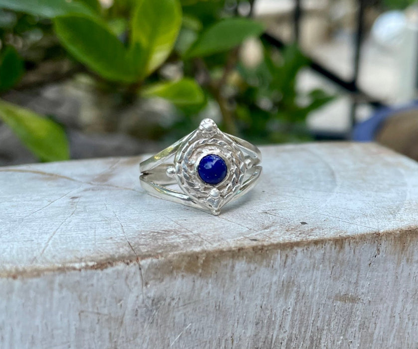 Round Lapis Lazuli Ring – Sterling Silver Split Band Gemstone Ring - Kathy Sayce Jewellery