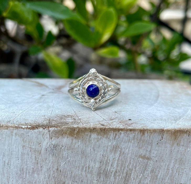 Round Lapis Lazuli Ring – Sterling Silver Split Band Gemstone Ring - Kathy Sayce Jewellery