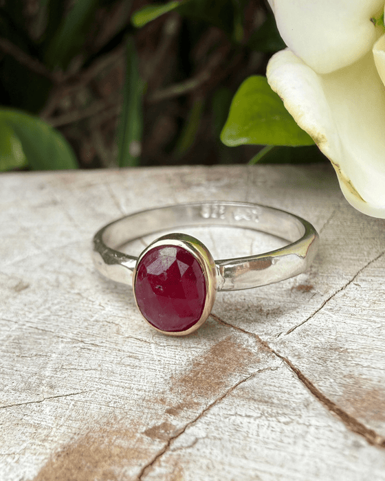 Ruby Ring - Rose Cut Red Ruby wrapped in 9ct Gold on a Sterling Silver Band - Kathy Sayce Jewellery