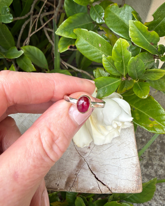 Ruby Ring - Rose Cut Red Ruby wrapped in 9ct Gold on a Sterling Silver Band - Kathy Sayce Jewellery