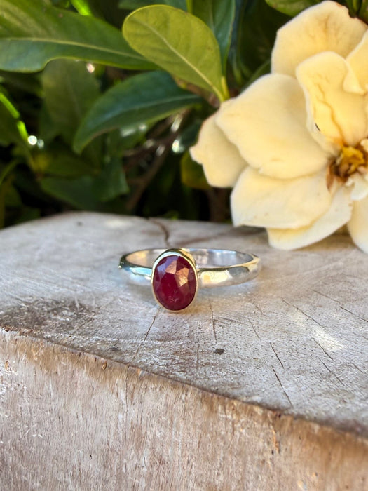 Ruby Ring - Rose Cut Red Ruby wrapped in 9ct Gold on a Sterling Silver Band - Kathy Sayce Jewellery