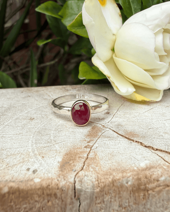 Ruby Ring - Rose Cut Red Ruby wrapped in 9ct Gold on a Sterling Silver Band - Kathy Sayce Jewellery