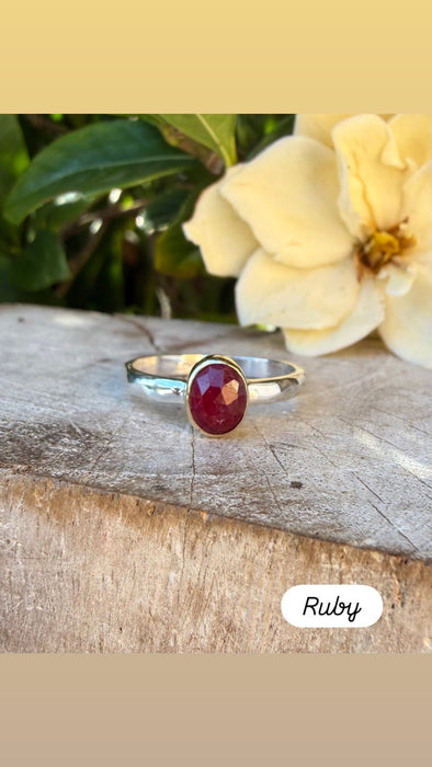 Ruby Ring - Rose Cut Red Ruby wrapped in 9ct Gold on a Sterling Silver Band - Kathy Sayce Jewellery