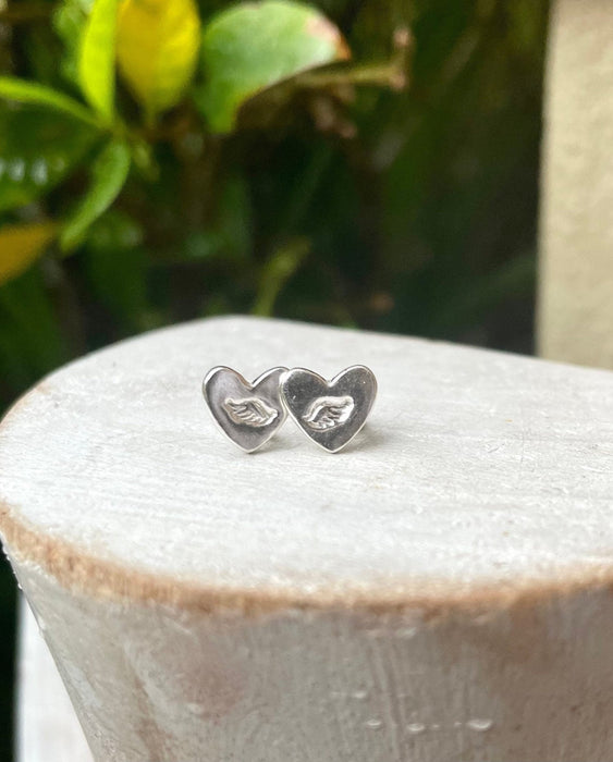 Silver Angel Wing Heart Stud Earrings - Kathy Sayce Jewellery