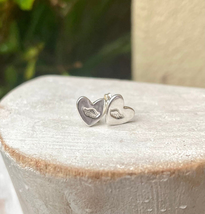 Silver Angel Wing Heart Stud Earrings - Kathy Sayce Jewellery