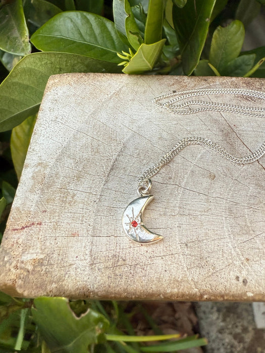 Silver Crescent Moon Necklace with Red Sapphire - Kathy Sayce Jewellery