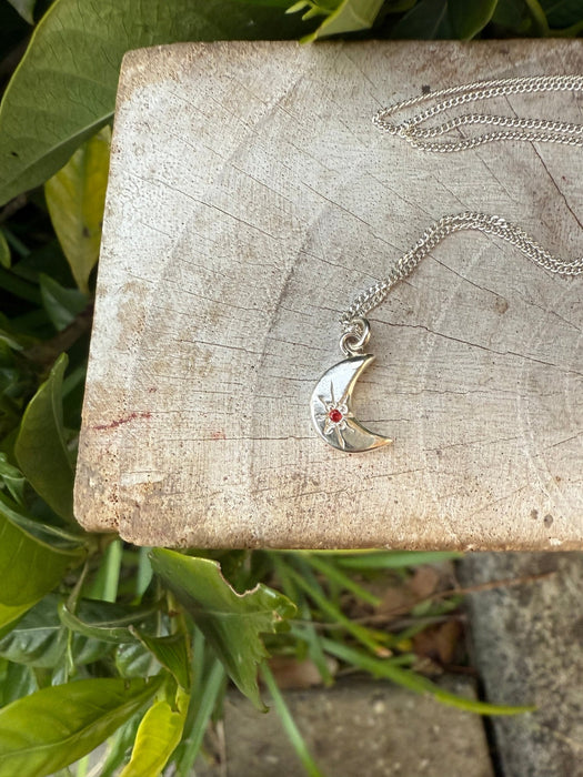 Silver Crescent Moon Necklace with Red Sapphire - Kathy Sayce Jewellery