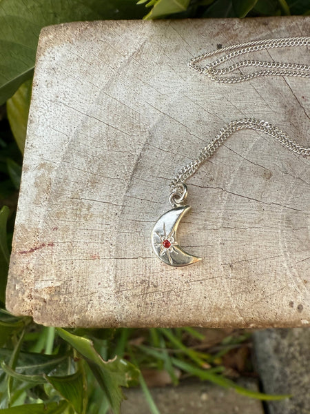 Silver Crescent Moon Necklace with Red Sapphire - Kathy Sayce Jewellery