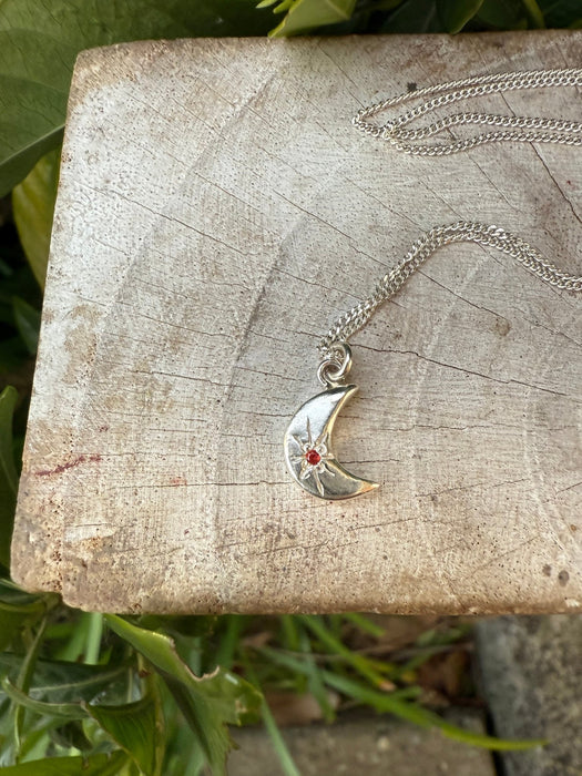 Silver Crescent Moon Necklace with Red Sapphire - Kathy Sayce Jewellery