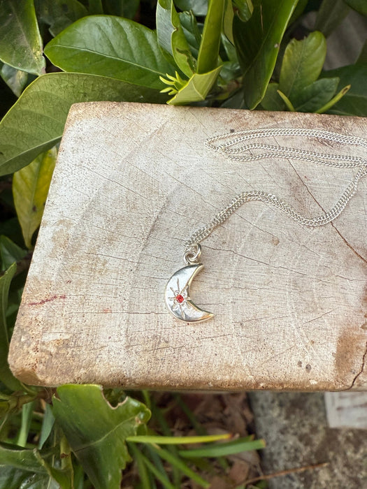 Silver Crescent Moon Necklace with Red Sapphire - Kathy Sayce Jewellery