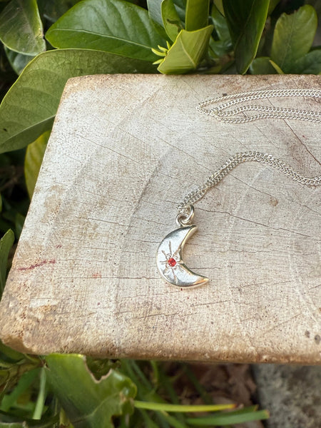 Silver Crescent Moon Necklace with Red Sapphire - Kathy Sayce Jewellery