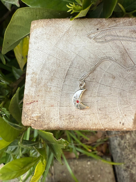 Silver Crescent Moon Necklace with Red Sapphire - Kathy Sayce Jewellery