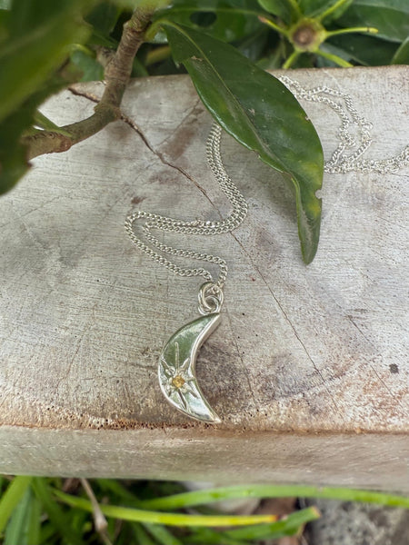 Silver Crescent Moon Necklace with Yellow Sapphire - Kathy Sayce Jewellery