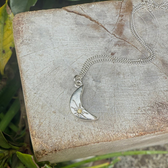 Silver Crescent Moon Necklace with Yellow Sapphire - Kathy Sayce Jewellery