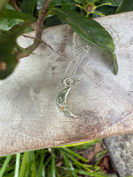 Silver Crescent Moon Necklace with Yellow Sapphire - Kathy Sayce Jewellery