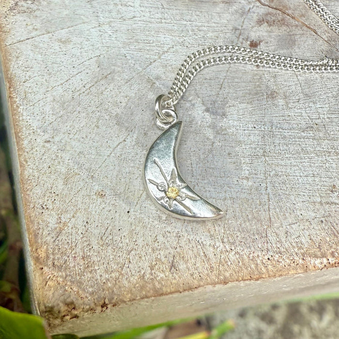 Silver Crescent Moon Necklace with Yellow Sapphire - Kathy Sayce Jewellery