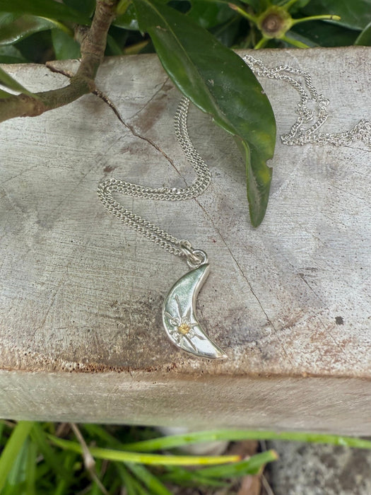 Silver Crescent Moon Necklace with Yellow Sapphire - Kathy Sayce Jewellery
