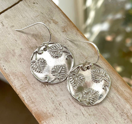Silver Leaf Patterned Disc Earrings - Kathy Sayce Jewellery