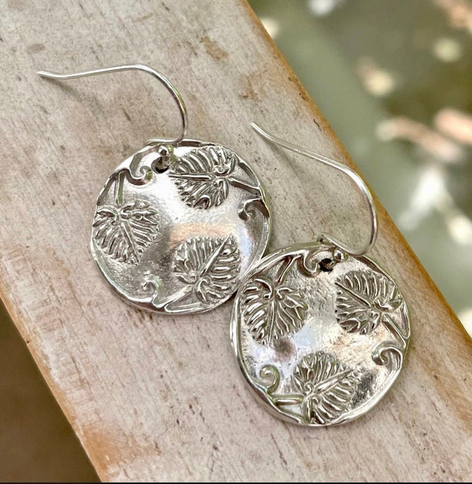 Silver Leaf Patterned Disc Earrings - Kathy Sayce Jewellery