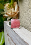Square Rhodochrosite Statement Ring – Hammered Sterling Silver Band - Handmade Gemstone Jewellery - Kathy Sayce Jewellery