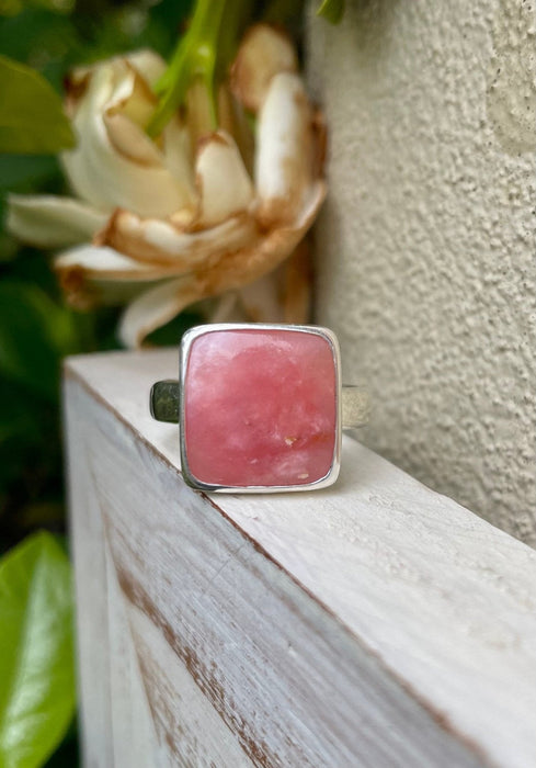 Square Rhodochrosite Statement Ring – Hammered Sterling Silver Band - Handmade Gemstone Jewellery - Kathy Sayce Jewellery
