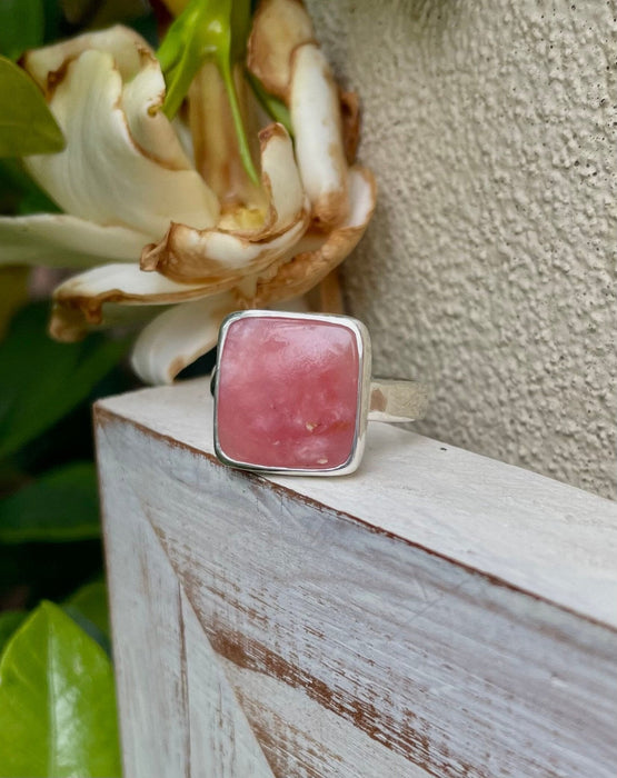 Square Rhodochrosite Statement Ring – Hammered Sterling Silver Band - Handmade Gemstone Jewellery - Kathy Sayce Jewellery