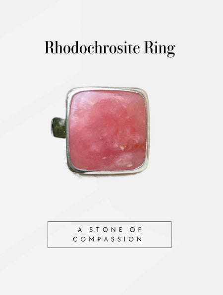 Square Rhodochrosite Statement Ring – Hammered Sterling Silver Band - Handmade Gemstone Jewellery - Kathy Sayce Jewellery