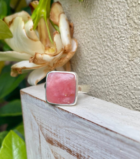 Square Rhodochrosite Statement Ring – Hammered Sterling Silver Band - Handmade Gemstone Jewellery - Kathy Sayce Jewellery