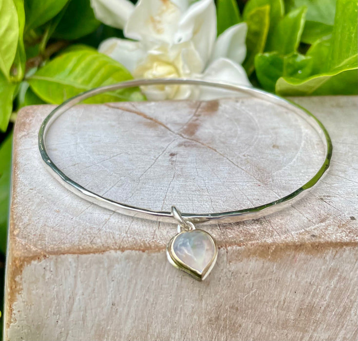 Sterling Silver Heart Charm Bangle with Moonstone – 9ct Gold - Set Gemstone Jewellery - Kathy Sayce Jewellery