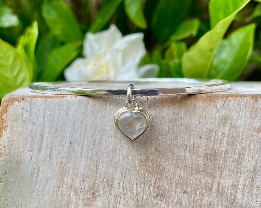 Sterling Silver Heart Charm Bangle with Moonstone – 9ct Gold - Set Gemstone Jewellery - Kathy Sayce Jewellery