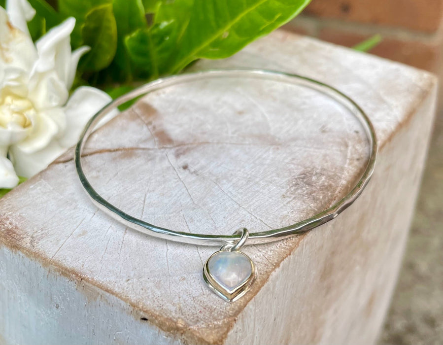 Sterling Silver Heart Charm Bangle with Moonstone – 9ct Gold - Set Gemstone Jewellery - Kathy Sayce Jewellery